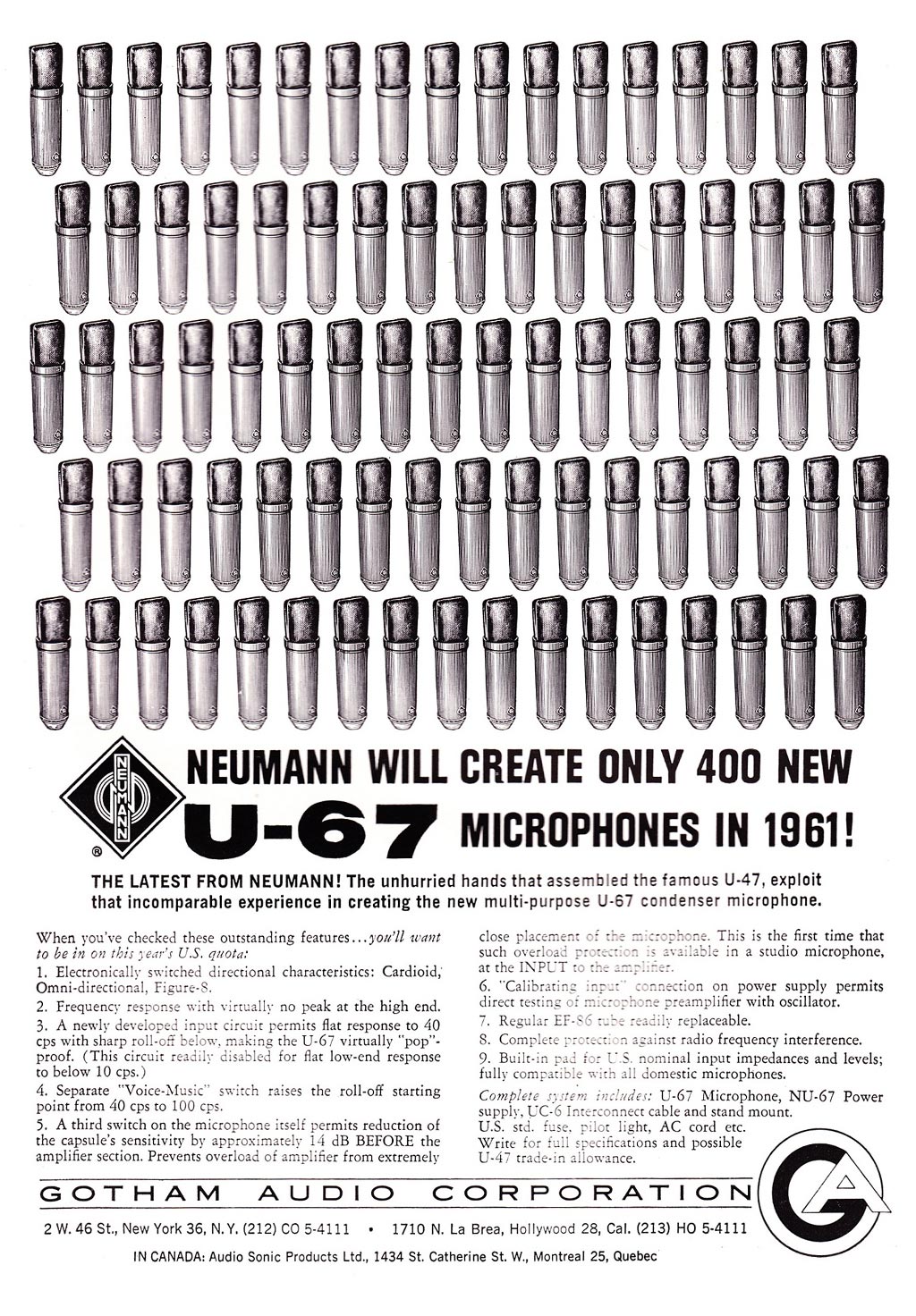 米国でノイマンコンデンサーマイクを取り扱っていた「ゴッサムオーディオ」によるU67の広告。