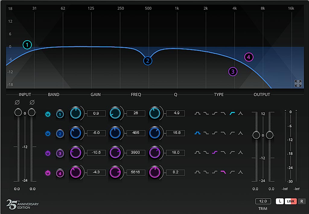 Waves Q4 イコライザーによるリバーブ音のカット