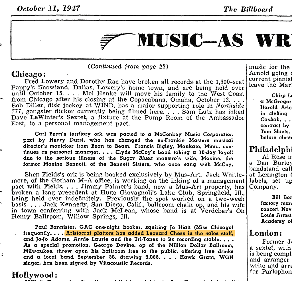 1947年ビルボード誌によるアリストクラットの記事